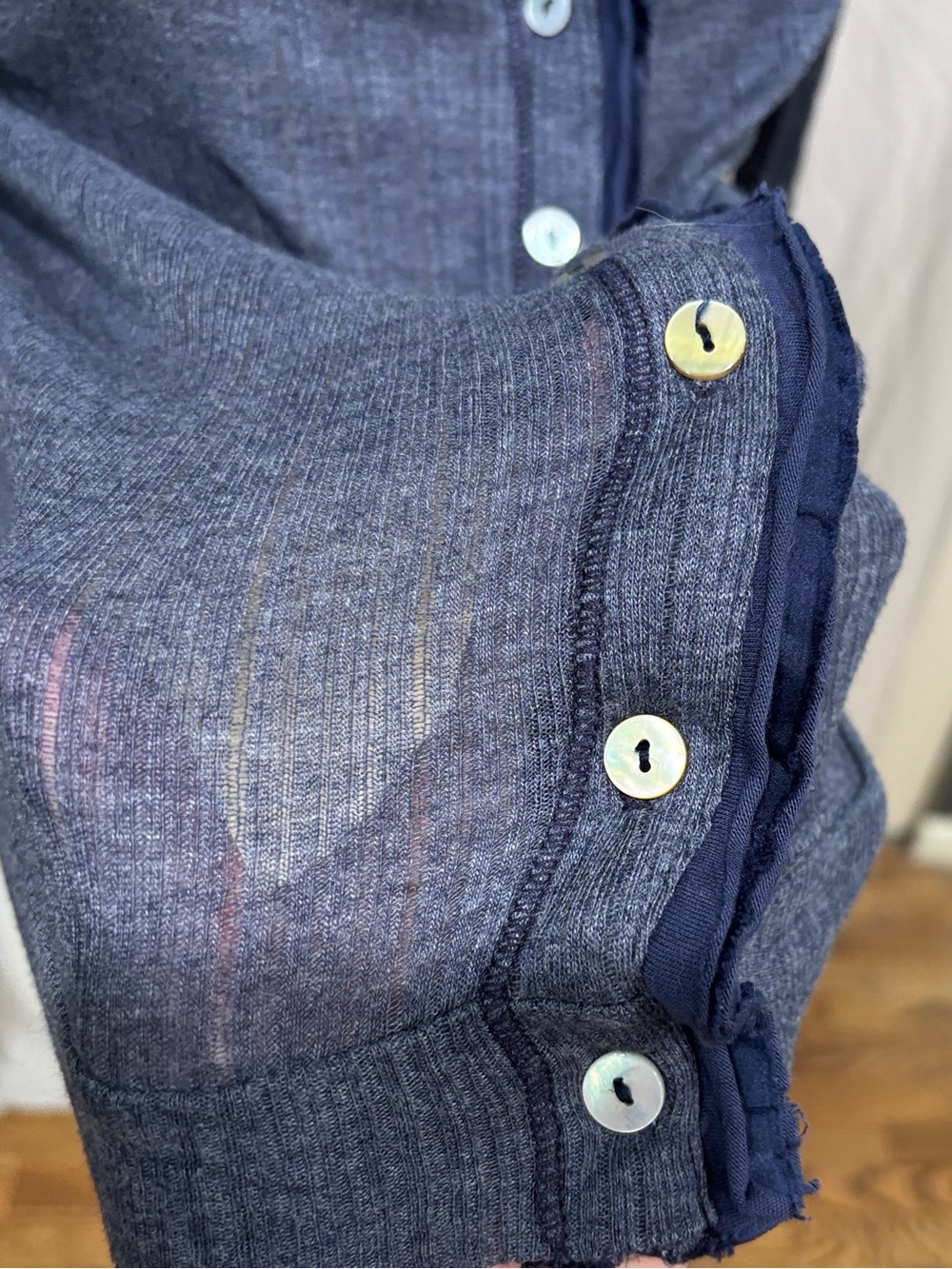 SPLENDID Navy Ribbed/Pointelle lacey Button-Front Cardigan, ribbon ruffle vneck - Picture 11 of 16